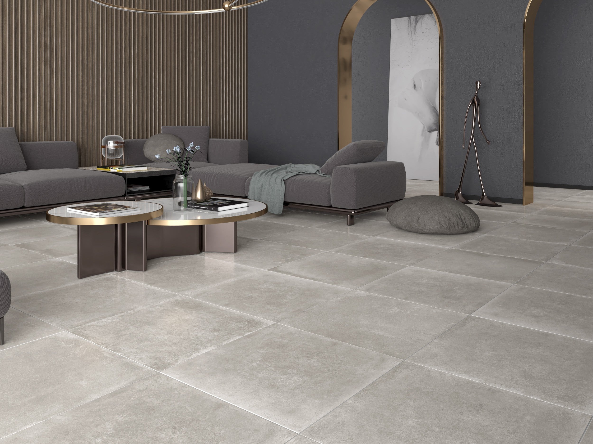 großformatige Wohnzimmer Fliesen in Betonoptik im Wohnbereich
